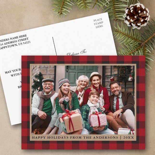 Red Plaid Kraft Family Photo Happy Holidays Postcard (Customize to change text size or text style.)