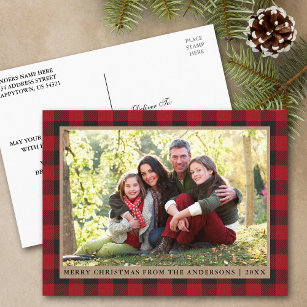 Red Plaid Kraft Family Photo Merry Christmas Postcard