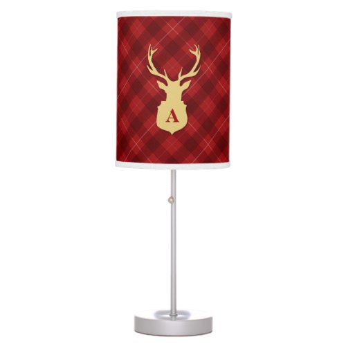 Red Plaid Lamp with Stag Head Monogram