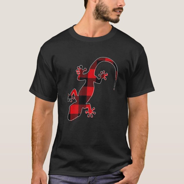 Red Plaid Leopard Gecko Hat Santa Christmas Buffal T-Shirt (Front)