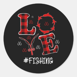 Red Plaid Leopard Love Fishing Hearts Valentine's Classic Round Sticker