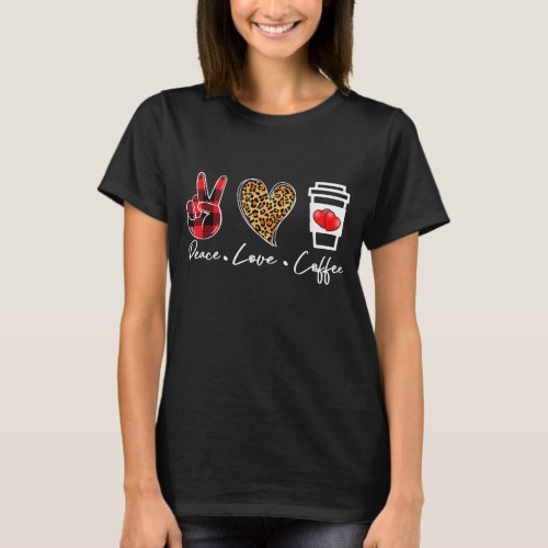 Red Plaid Leopard Peace Love Coffee Lovers Hippie T_Shirt