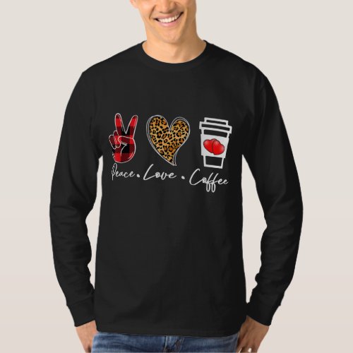 Red Plaid Leopard Peace Love Coffee Lovers Hippie T_Shirt