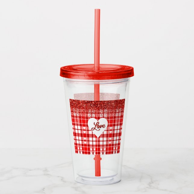 Red Plaid Love Acrylic Tumbler (Front)