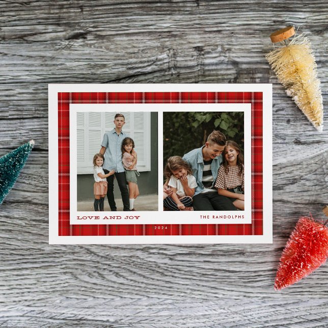 Red Plaid Love and Joy Double Photo Holiday Card (Creator Uploaded)