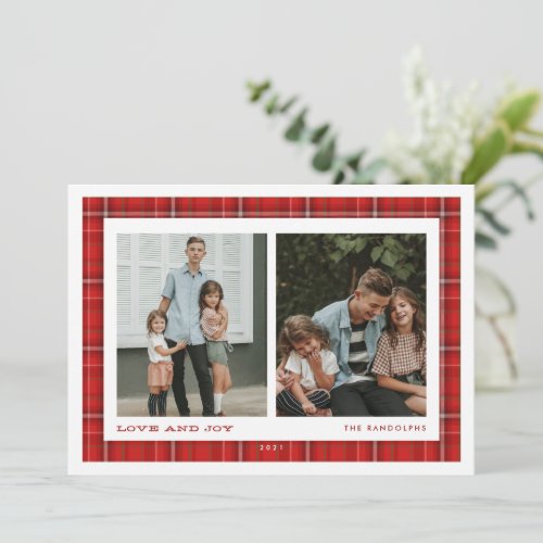 Red Plaid Love and Joy Double Photo Holiday Card