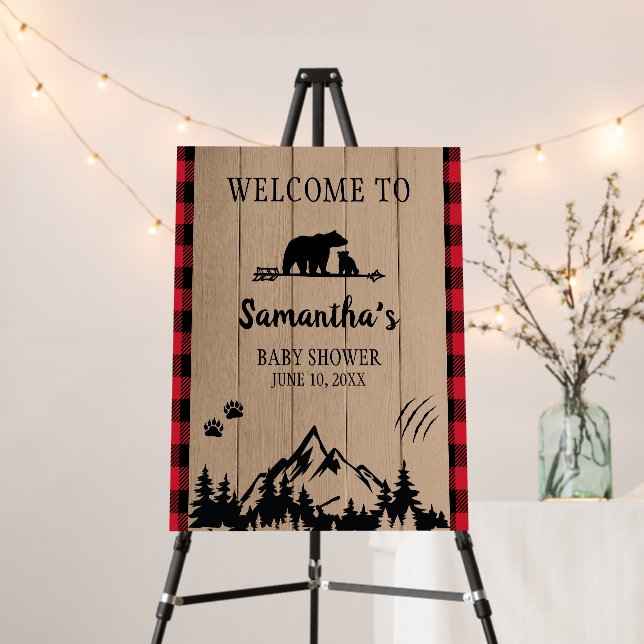 Red Plaid Lumberjack Baby Shower Welcome Sign (In Situ (Stand))