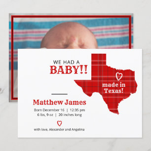 Red Plaid Made In Texas Horizontal Photo Announcement