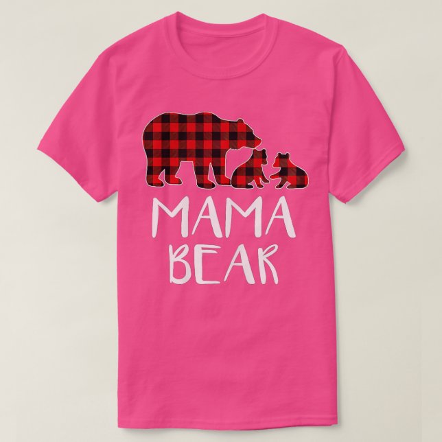 Red Plaid Mama Bear Two Cubs Matching Buffalo Paja T-Shirt (Design Front)