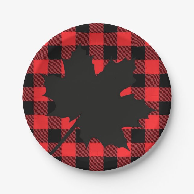 Red Plaid Maple Leaf silhouette Paper Plates (Front)
