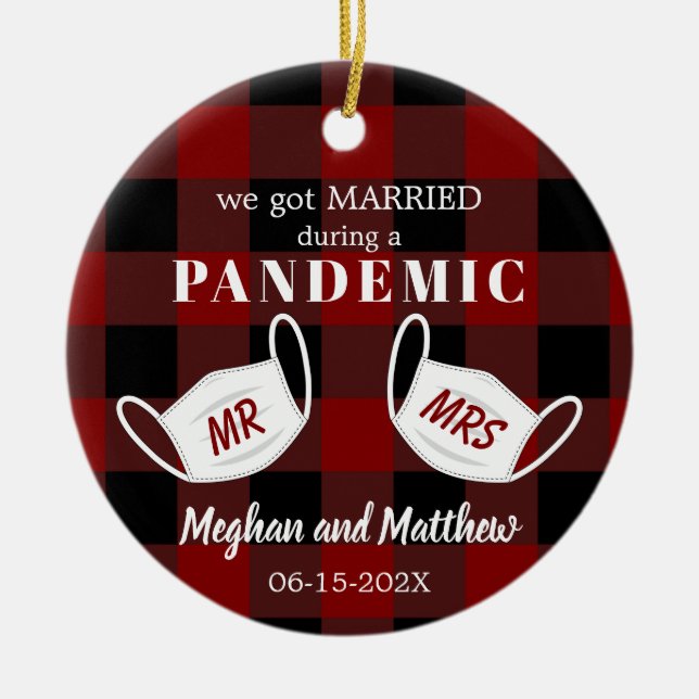 Red Plaid Married in Pandemic First Christmas Ceramic Ornament (Front)