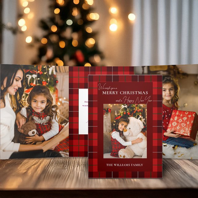 Red Plaid Merry Christmas 1 Photo Tri-Fold Card (Creator Uploaded)