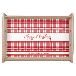 Red Plaid Merry Christmas Candy Cane Serving Tray