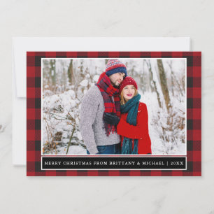 Red Plaid Merry Christmas Couple Photo Holiday Card