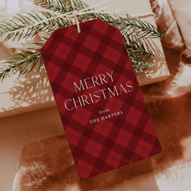 Red Plaid Merry Christmas  Gift Tags (Modern red plaid rustic Merry Christmas gift tag.)