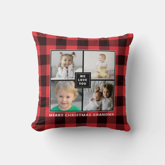 Red Plaid |Merry Christmas Grandma |Photo Collage Throw Pillow (Front)