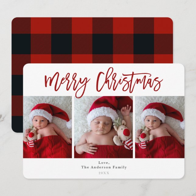 Red Plaid Merry Christmas Holiday 3 Photos Photo Invitation (Front/Back)