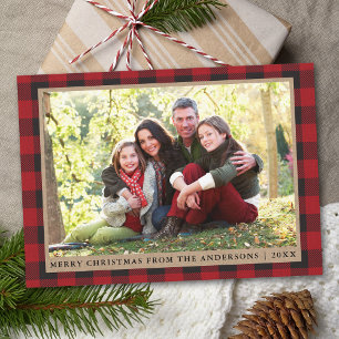 Red Plaid Merry Christmas Kraft Family Photo Holiday Card
