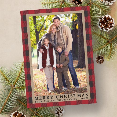 Red Plaid Merry Christmas Kraft Family Photo Holiday Card
