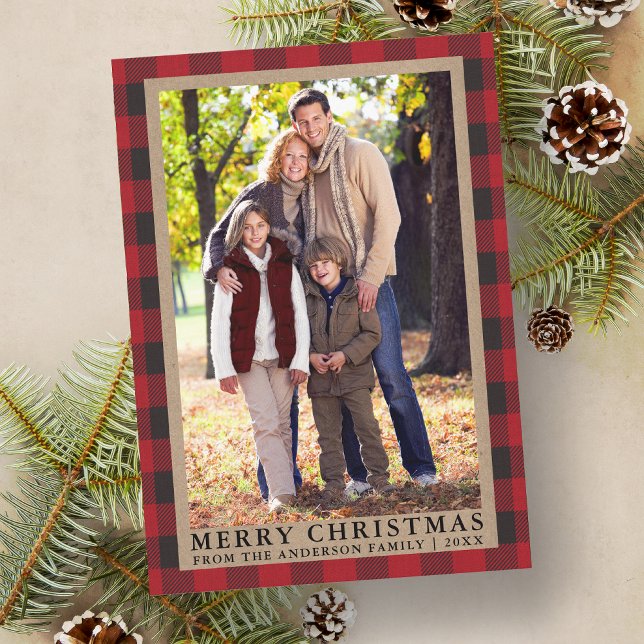 Red Plaid Merry Christmas Kraft Family Photo Holiday Card (Customize to change text size or text style.)