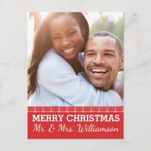 Red Plaid Merry Christmas Mr & Mrs. Photo Postcard