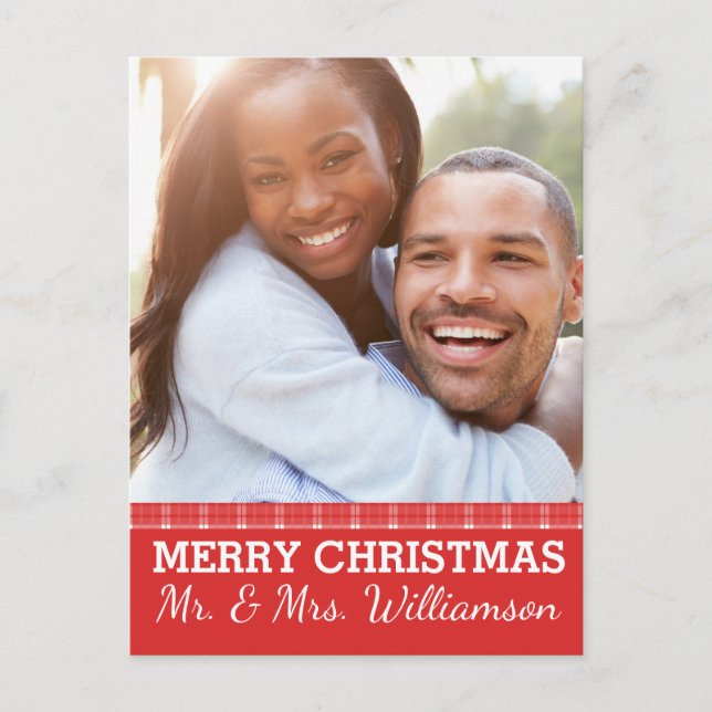 Red Plaid Merry Christmas Mr & Mrs. Photo Postcard (Front)