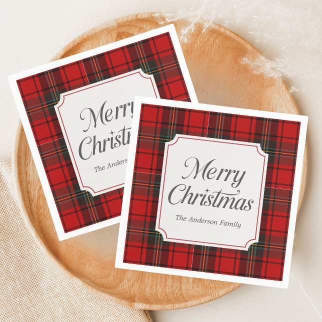 Red Plaid Merry Christmas Napkins (Red Plaid Modern Merry Christmas Holiday Napkin)