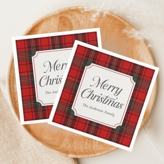 Red Plaid Merry Christmas Napkins (Red Plaid Modern Merry Christmas Holiday Napkin)