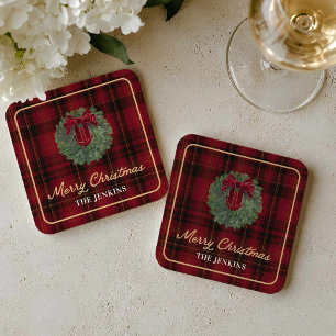Red Plaid Merry Christmas Paper Coasters