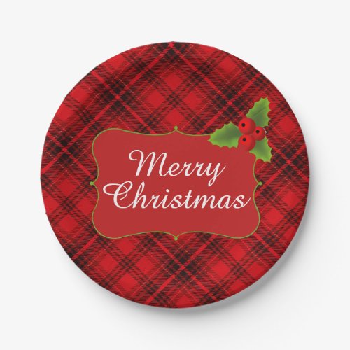 Red Plaid Merry Christmas Party Paper Plates