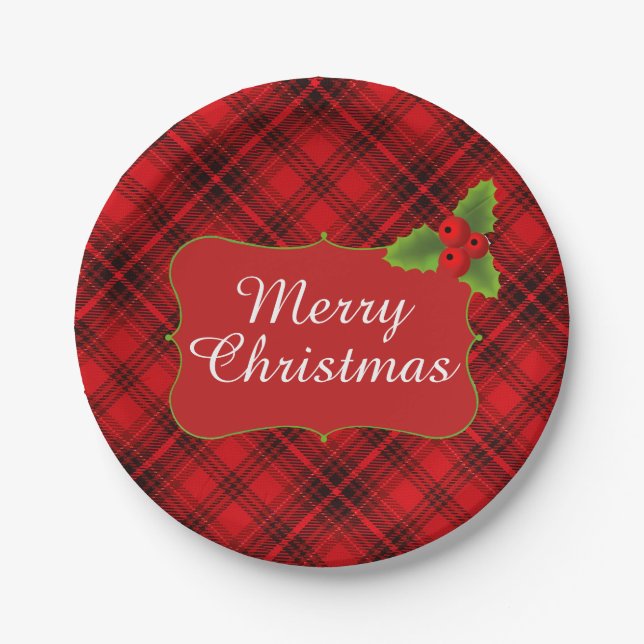 Red Plaid Merry Christmas Party Paper Plates (Front)