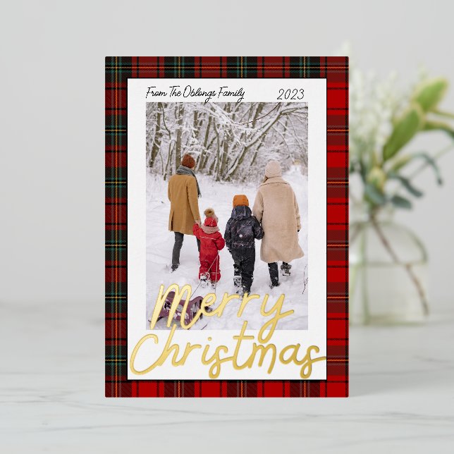 Red Plaid Merry Christmas Photo Foil Holiday Card (Standing Front)