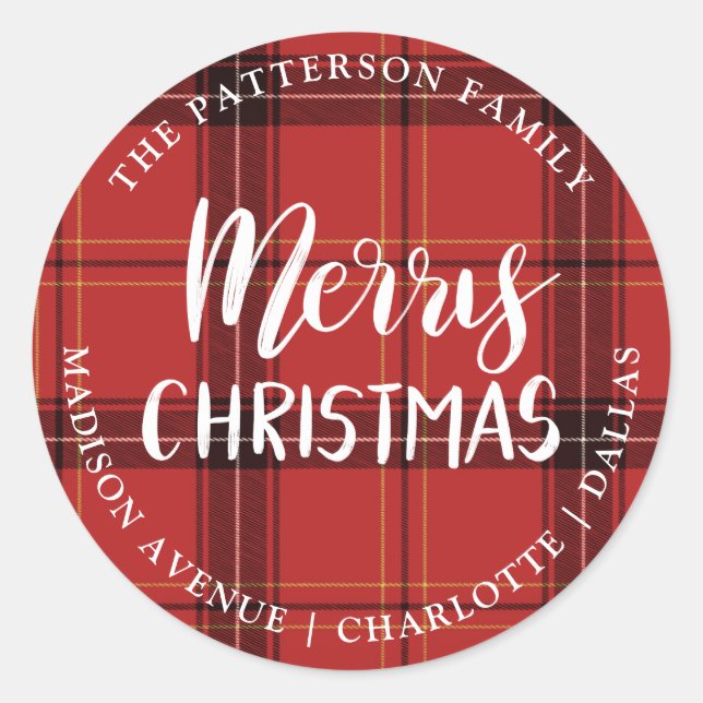 Red Plaid | Merry Christmas | Return Address Classic Round Sticker (Front)