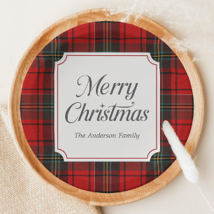 Red Plaid Merry Christmas Round Paper Plates
