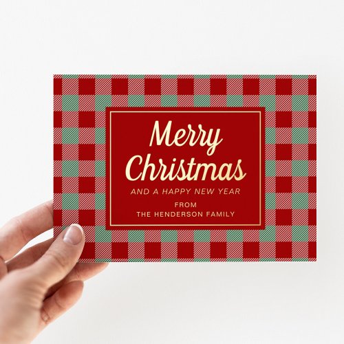 Red Plaid Merry Christmas Script Gold  Foil Holiday Card