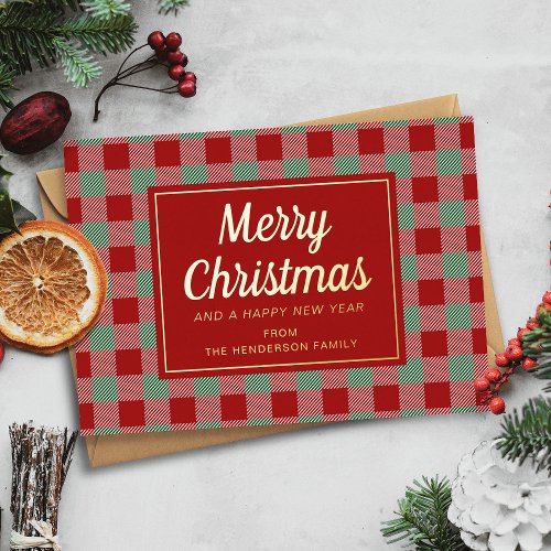 Red Plaid Merry Christmas Script Gold  Foil Holiday Card