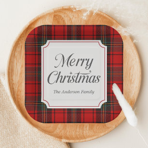 Red Plaid Merry Christmas Square Paper Plates