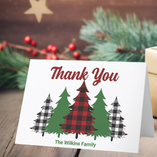 Red Plaid Merry Christmas Trees Custom Folded Letterpress Thank You Card