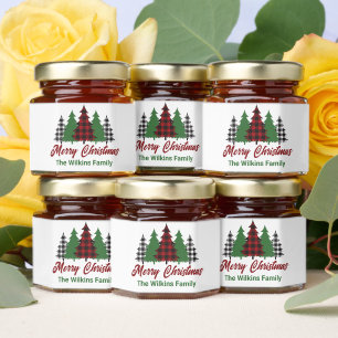 Red Plaid Merry Christmas Trees Custom Party Honey Jar Favors