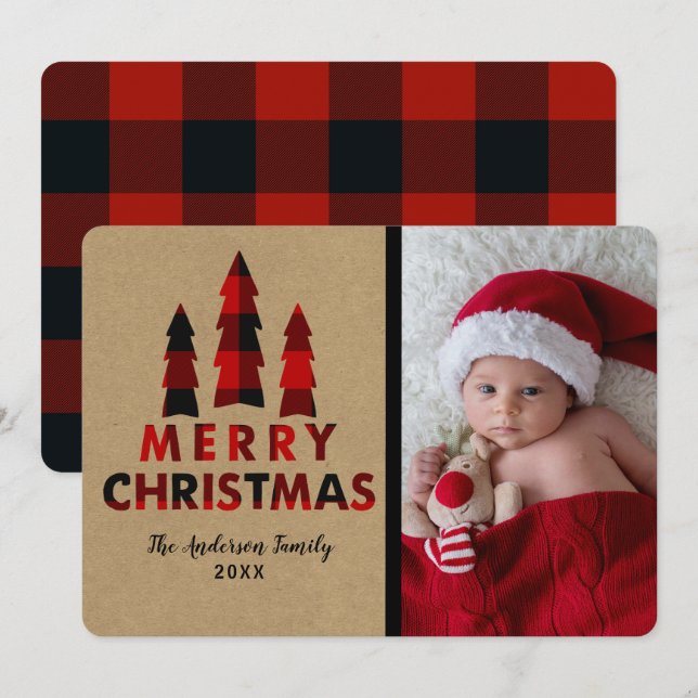 Red Plaid Merry Christmas Trees Kraft Holiday Invitation (Front/Back)