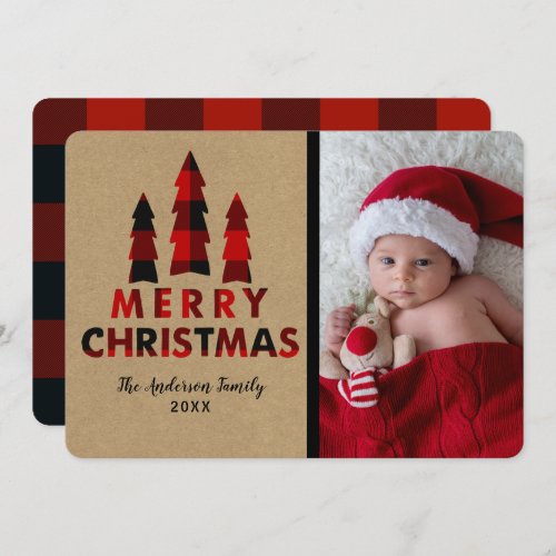 Red Plaid Merry Christmas Trees Kraft Holiday Invitation