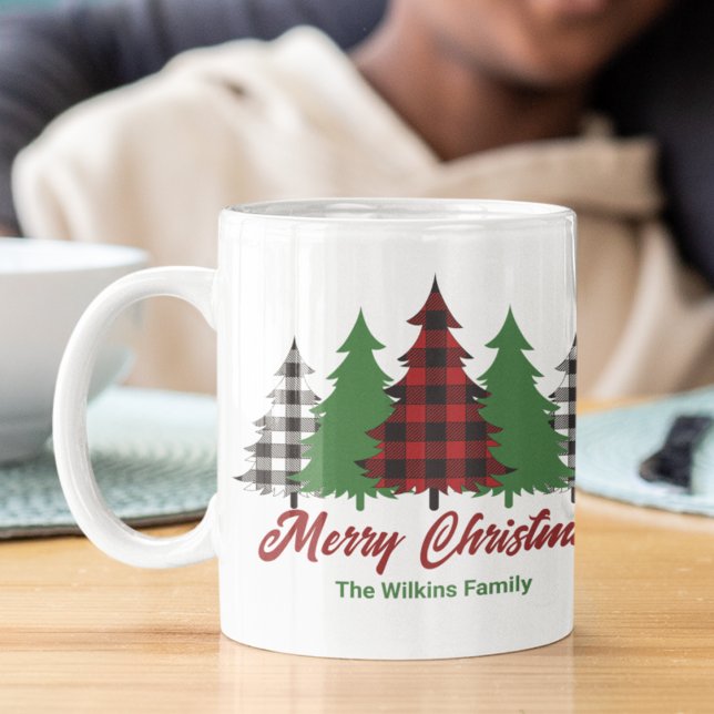 Red Plaid Merry Christmas Trees Personalized Coffee Mug (Creator Uploaded)