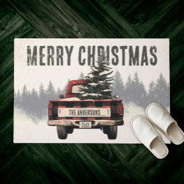 Red Plaid Merry Christmas Truck Custom Family Name Doormat