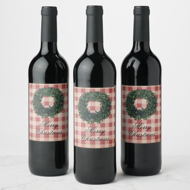 Red Plaid Merry Christmas Typography Wreath Wine Label (Bottles)