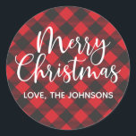 Red Plaid Merry Christmas Typograpy Script Classic Round Sticker<br><div class="desc">A lovely red and black buffalo plaid Christmas sticker for your Holiday cards,  treats and gifts. Personalize it with your name.Designed for you by Blackberry Boulevard.</div>