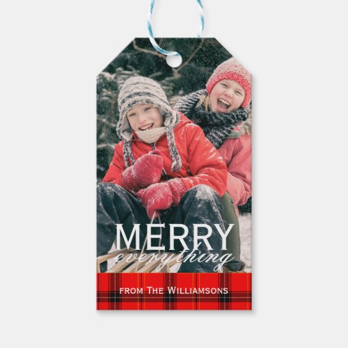 Red Plaid Merry Everything Family Photo Christmas Gift Tags