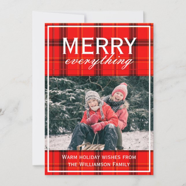 Red Plaid Merry Everything Family Photo Christmas Holiday Card (Front)