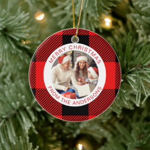 Red Plaid Modern Simple Christmas Family 2 Photo Ceramic Ornament