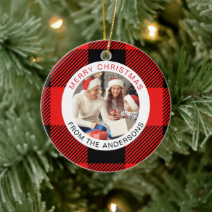 Red Plaid Modern Simple Christmas Family 2 Photo Ceramic Ornament