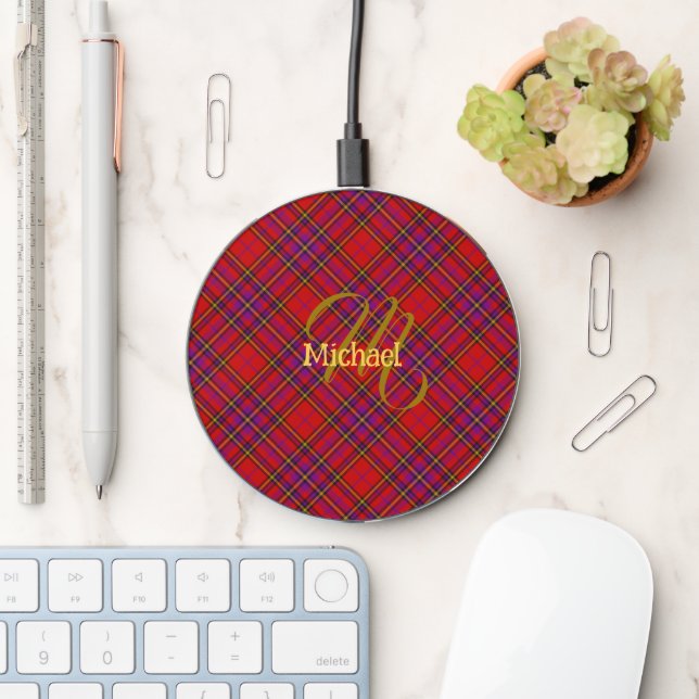 Red Plaid Monogrammed Wireless Charger (Desk)